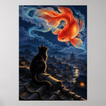 Black Cat Goldfish Japanese Fantasy Art Poster