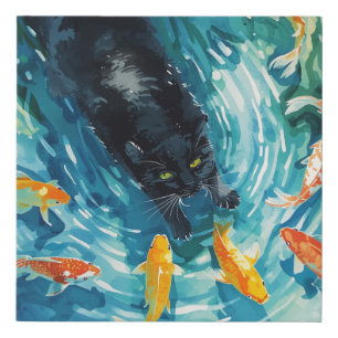 Black cat & Goldfishes Faux Canvas Print