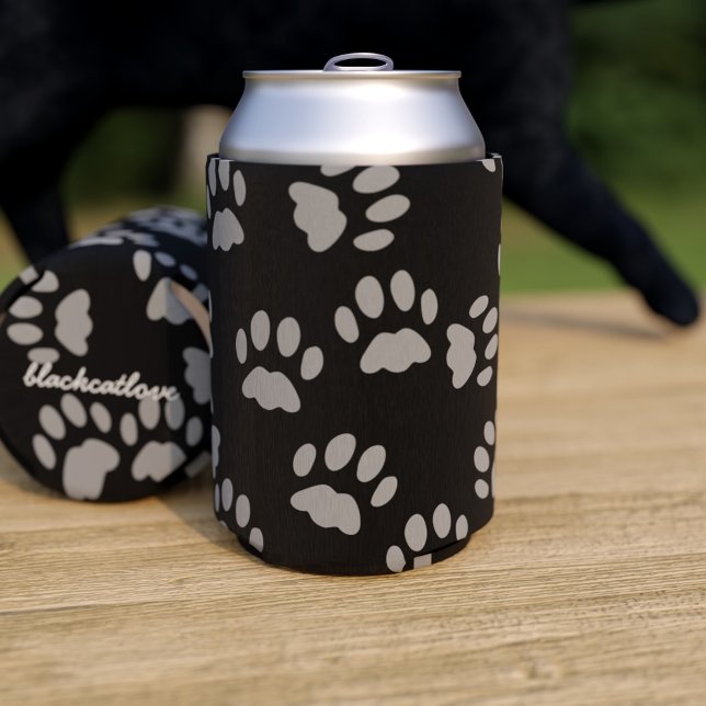 Black Cat Gray Paw Prints Personalized Can Cooler (You can add your name to the bottom of this can cooler so your Kitty knows it's yours.)