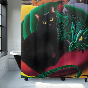Black Cat Green Dragon Shower Curtain