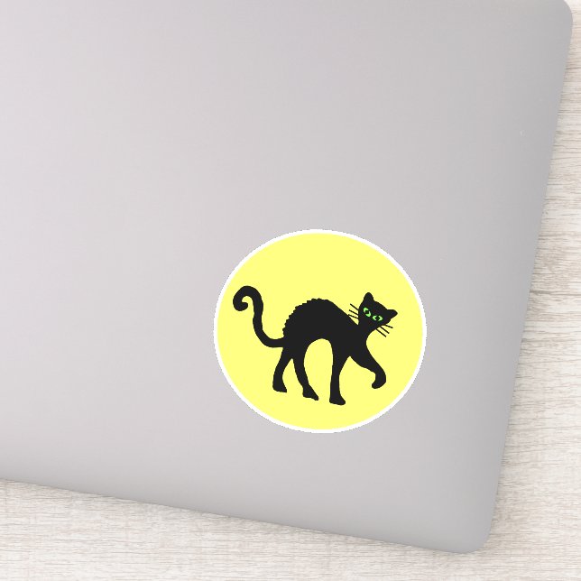 Black Cat Green eyes Arched Back Yellow Moon Sticker (Detail)