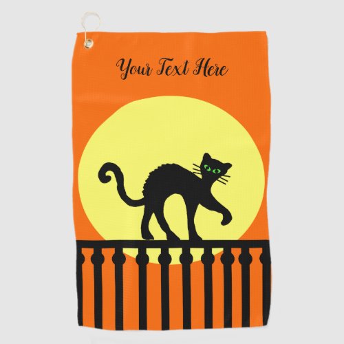 Black Cat Green Eyes on Fence Yellow Moon Orange Golf Towel