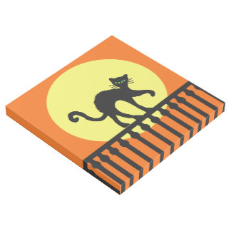 Black Cat Green eyes on Ornate Fence Moon Orange Gallery Wrap
