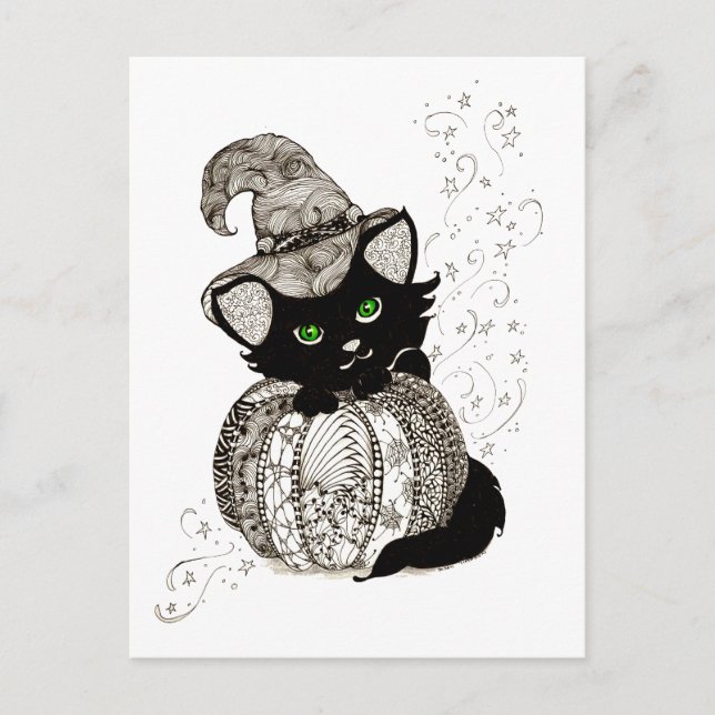 Black Cat Green Eyes Pumpkin Postcard (Front)