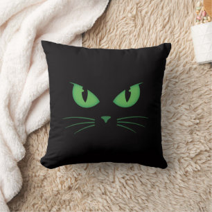 Black Cat Green Eyes Spooky Throw Pillow