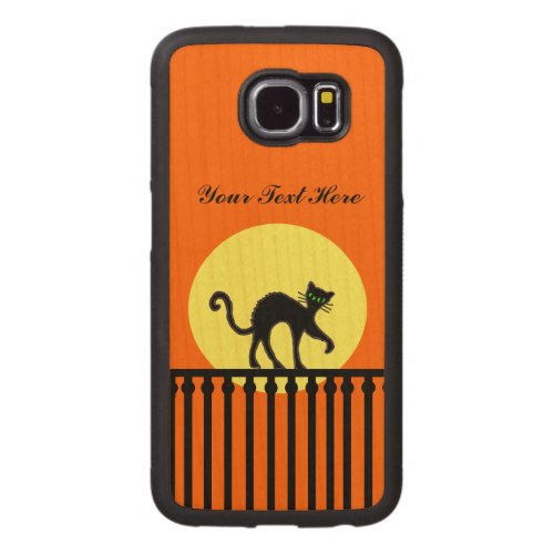 Black Cat Green Eyes Walking on Fence Yellow Moon Carved Wood Samsung Galaxy S6 Case