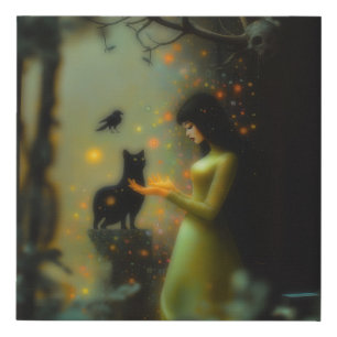 Black Cat Green Forest Occult Dark Witchy AI Art Faux Canvas Print