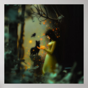 Black Cat Green Forest Witchy AI Art Matte Value Poster