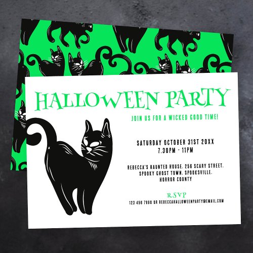 Black Cat Green Halloween Party Invitation