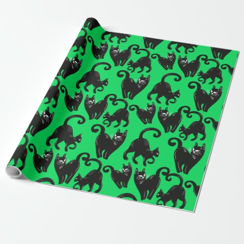 Black Cat Green Halloween Wrapping Paper