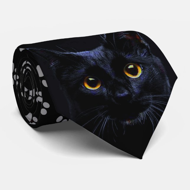 Black Cat Grey Paw Prints Necktie (Rolled)