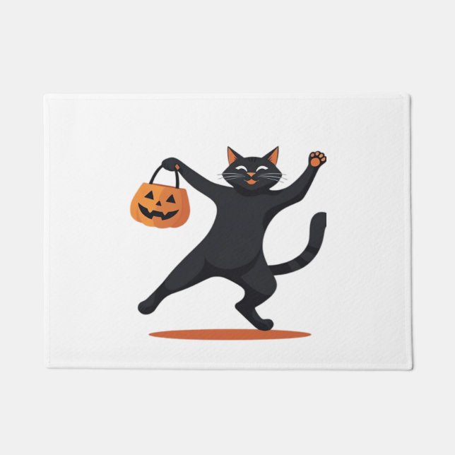 Black cat grooving at the Halloween bash, swinging Doormat (Front)