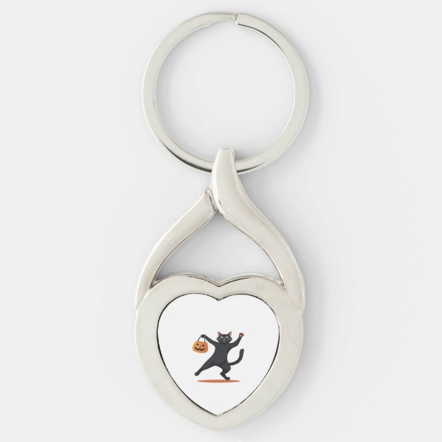 Black cat grooving at the Halloween bash, swinging Keychain (Front)