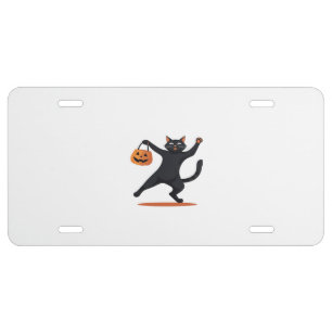 Black cat grooving at the Halloween bash, swinging License Plate