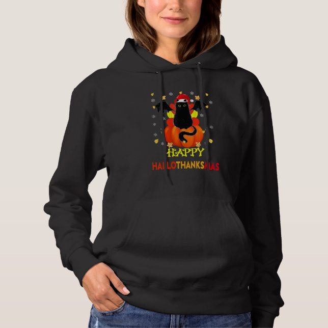 Black Cat Halloween And Merry Christmas Happy Hall Hoodie (Front)