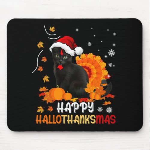 Black Cat Halloween And Merry Christmas Happy Hall Mouse Pad