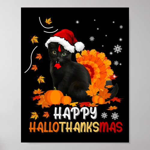 Black Cat Halloween And Merry Christmas Happy Hall Poster