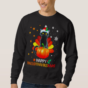 Black Cat Halloween And Merry Christmas Happy Hall Sweatshirt