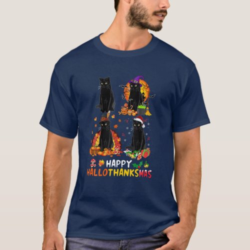 Black Cat Halloween And Merry Christmas Happy Hall T_Shirt