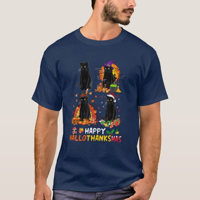 Black Cat Halloween And Merry Christmas Happy Hall T-Shirt (Front)