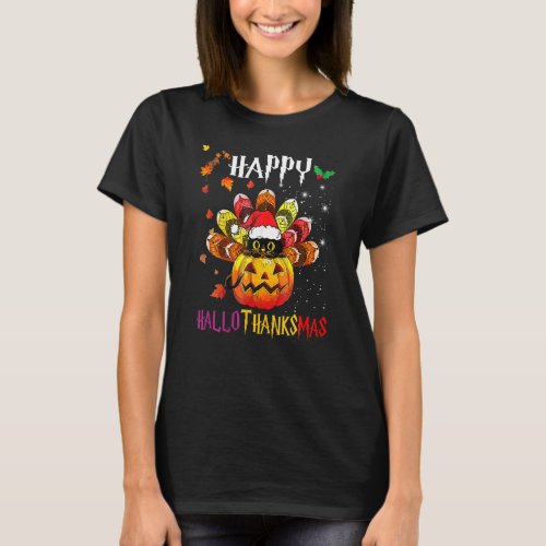 Black Cat Halloween And Merry Christmas Happy Hall T_Shirt