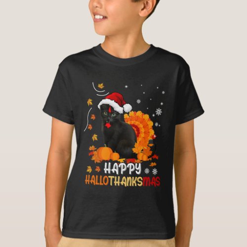 Black Cat Halloween And Merry Christmas Happy Hall T_Shirt