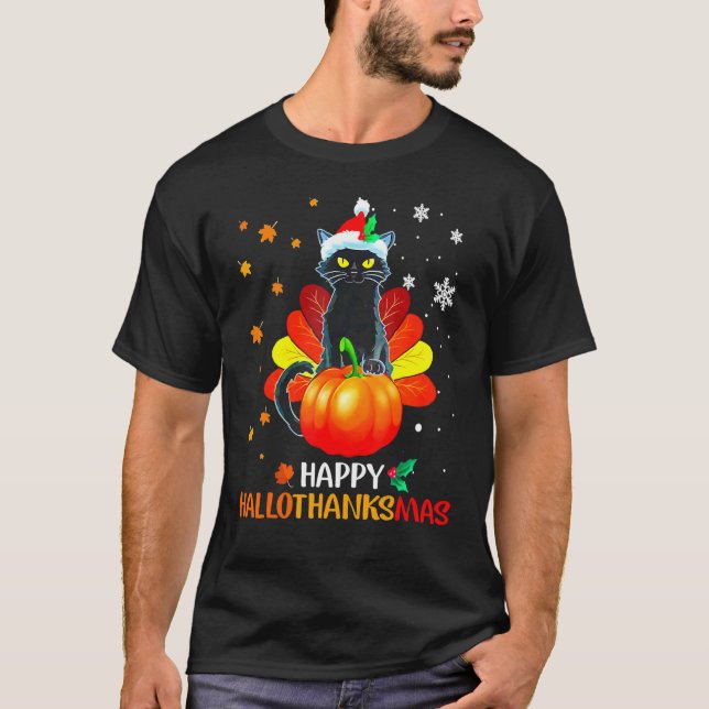 Black Cat Halloween And Merry Christmas Happy Hall T-Shirt (Front)