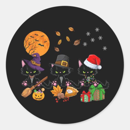 Black Cat Halloween And Merry Christmas Happy Hell Classic Round Sticker