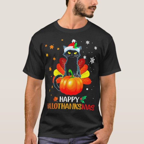 Black Cat Halloween And Merry Christmas Happy T_Shirt