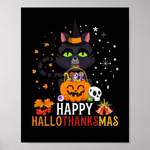 Black Cat Halloween And Merry Christmas Poster