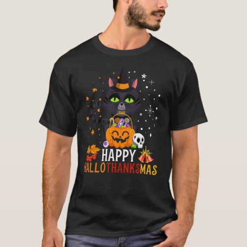 Black Cat Halloween And Merry Christmas T_Shirt