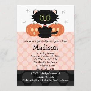Black Cat Halloween Birthday Invitations