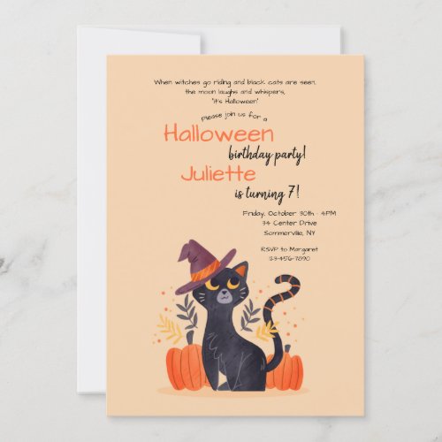 Black Cat Halloween Birthday Party Invitation