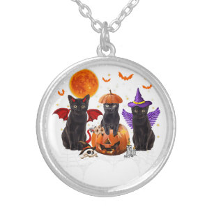 Black Cat Halloween, Black Cat Sitting On Pumpkin  Silver Plated Necklace