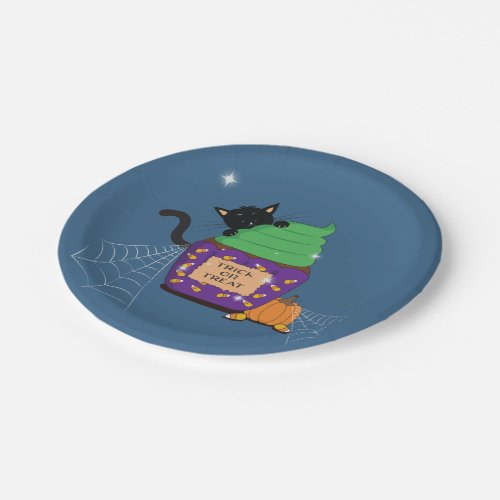 Black Cat Halloween Blue Paper Plate