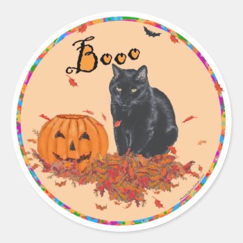 Black Cat Halloween Boo! Classic Round Sticker by MaggieRossCats at Zazzle
