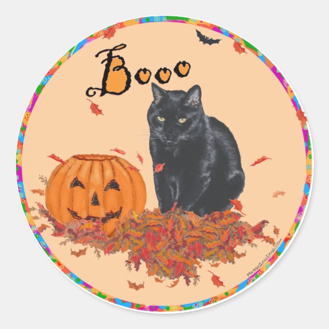 Black Cat Halloween BOO! Classic Round Sticker (Front)