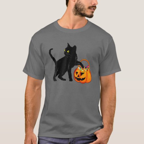 Black Cat Halloween Candy Pumpkin Bag Sweet Lollip T_Shirt