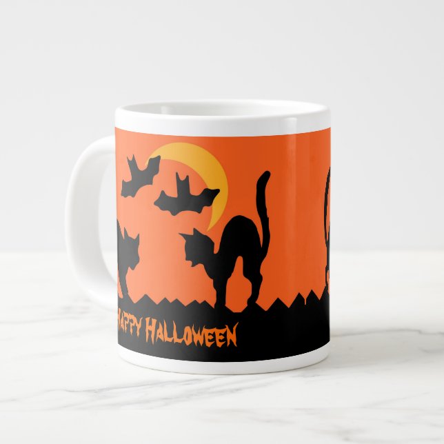 Black Cat Halloween Cat Fight Large Coffee Mug (Front Left)