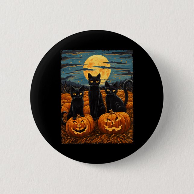 Black Cat Halloween Cat Lovers Starry Night Cat Va Button (Front)