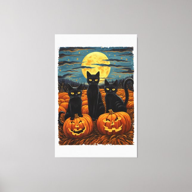 Black Cat Halloween Cat Lovers Starry Night Cat Va Canvas Print (Front)