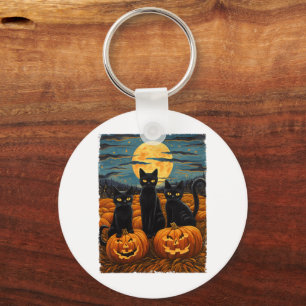Black Cat Halloween Cat Lovers Starry Night Cat Va Keychain