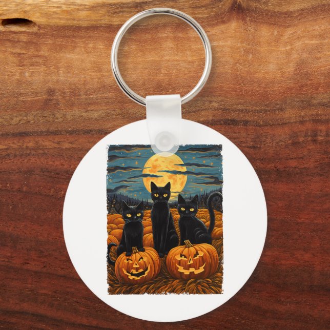 Black Cat Halloween Cat Lovers Starry Night Cat Va Keychain (Front)