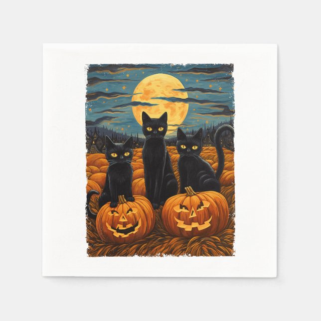 Black Cat Halloween Cat Lovers Starry Night Cat Va Napkins (Front)
