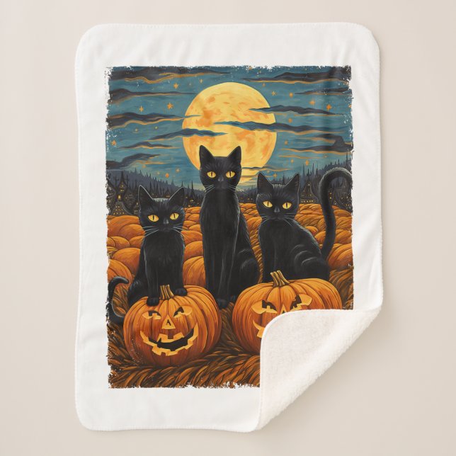 Black Cat Halloween Cat Lovers Starry Night Cat Va Sherpa Blanket (Front)
