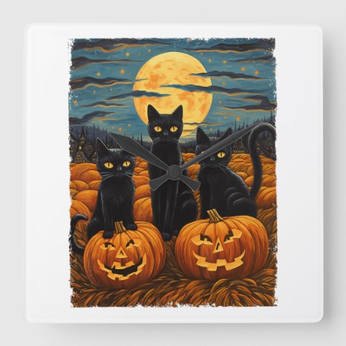 Black Cat Halloween Cat Lovers Starry Night Cat Va Square Wall Clock
