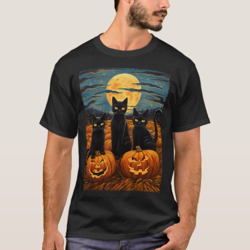 Black Cat Halloween Cat Lovers Starry Night Cat Va T_Shirt