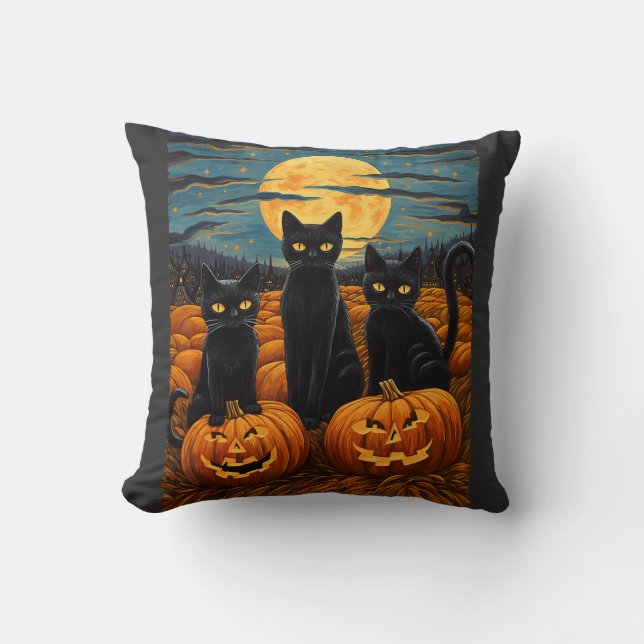 Black Cat Halloween Cat Lovers Starry Night Cat Va Throw Pillow (Front)