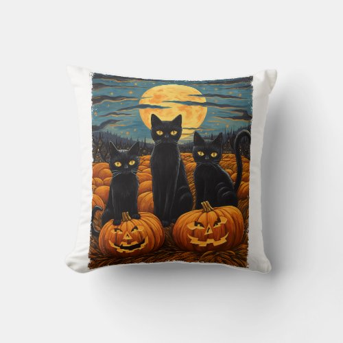Black Cat Halloween Cat Lovers Starry Night Cat Va Throw Pillow