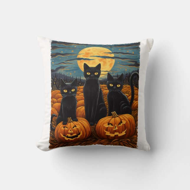 Black Cat Halloween Cat Lovers Starry Night Cat Va Throw Pillow (Front)